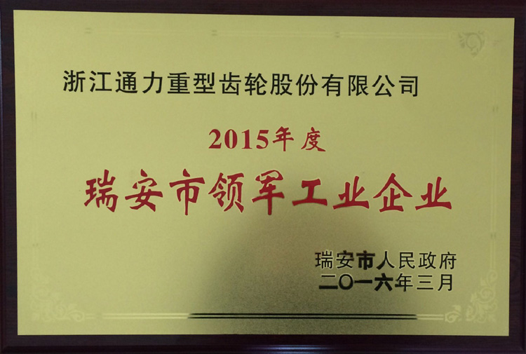 浙江通力被授予2015年度瑞安市領(lǐng)軍型企業(yè)